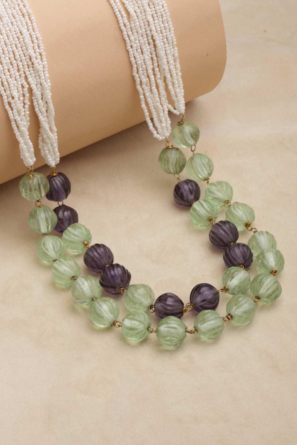 Purple And Green Gold-Plated Pearls And Natural Stones Bead Necklaces