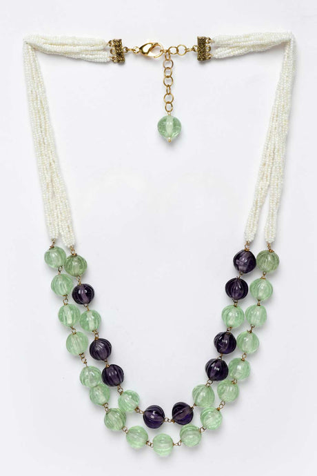 Purple And Green Gold-Plated Pearls And Natural Stones Bead Necklaces