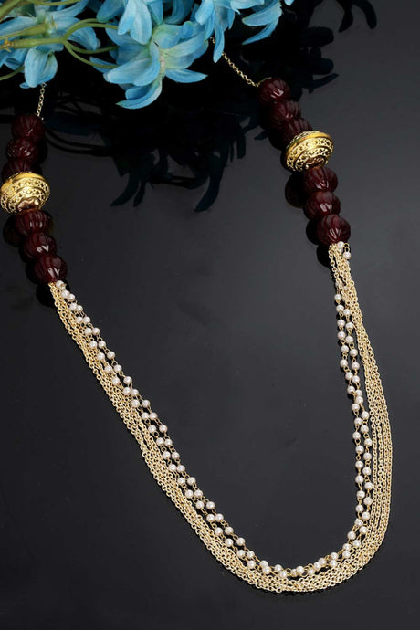 Red And Gold Gold-Plated Pearls And Natural Stones Necklace Chains
