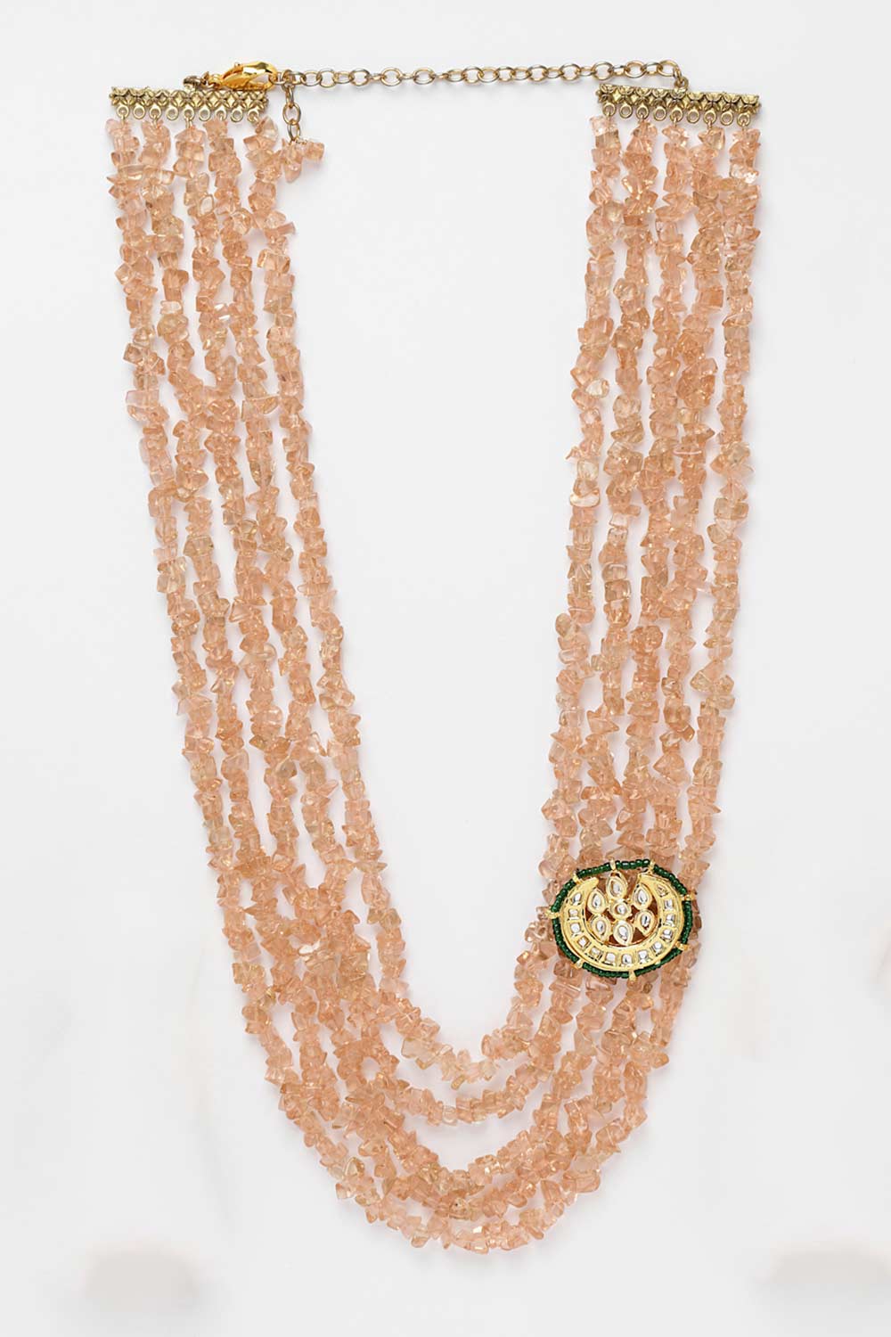 Peach And Green Gold-Plated Kundan And Pearls Bead Necklaces