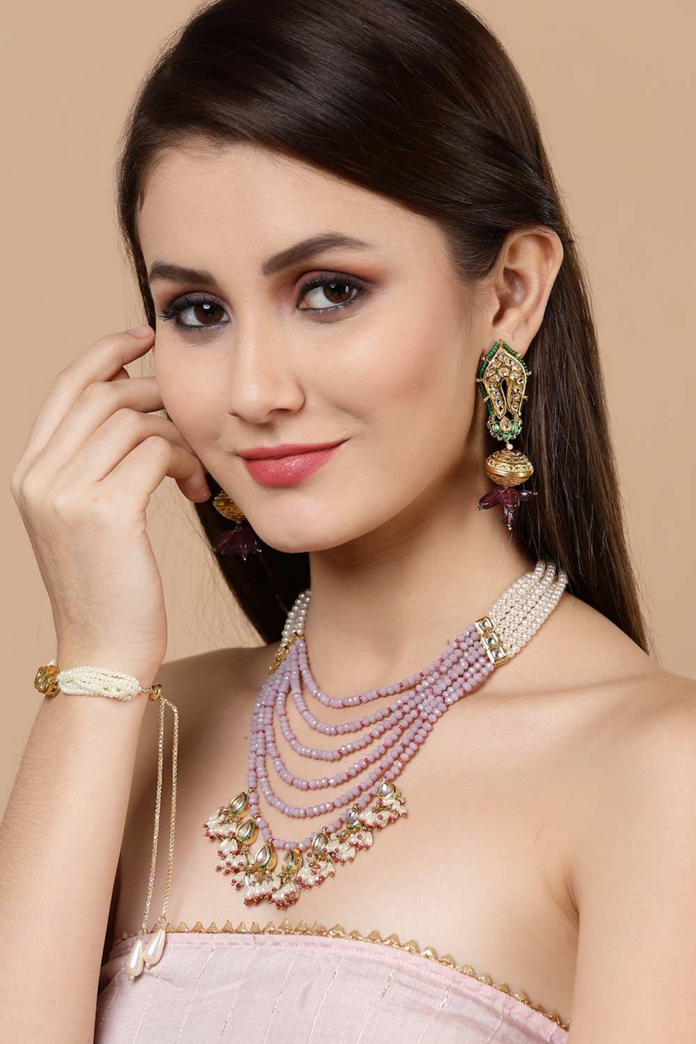 Purple And Red Gold-Plated Kundan And Pearls Bead Necklaces