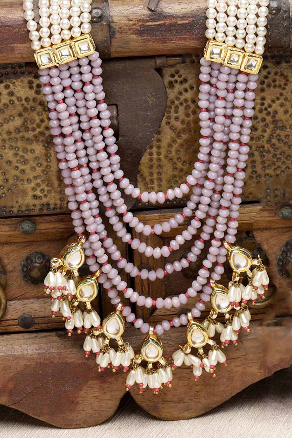 Purple And Red Gold-Plated Kundan And Pearls Bead Necklaces