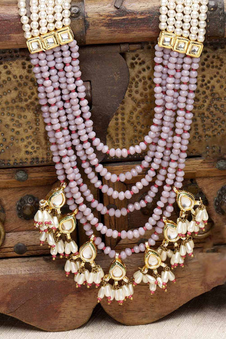 Purple And Red Gold-Plated Kundan And Pearls Bead Necklaces