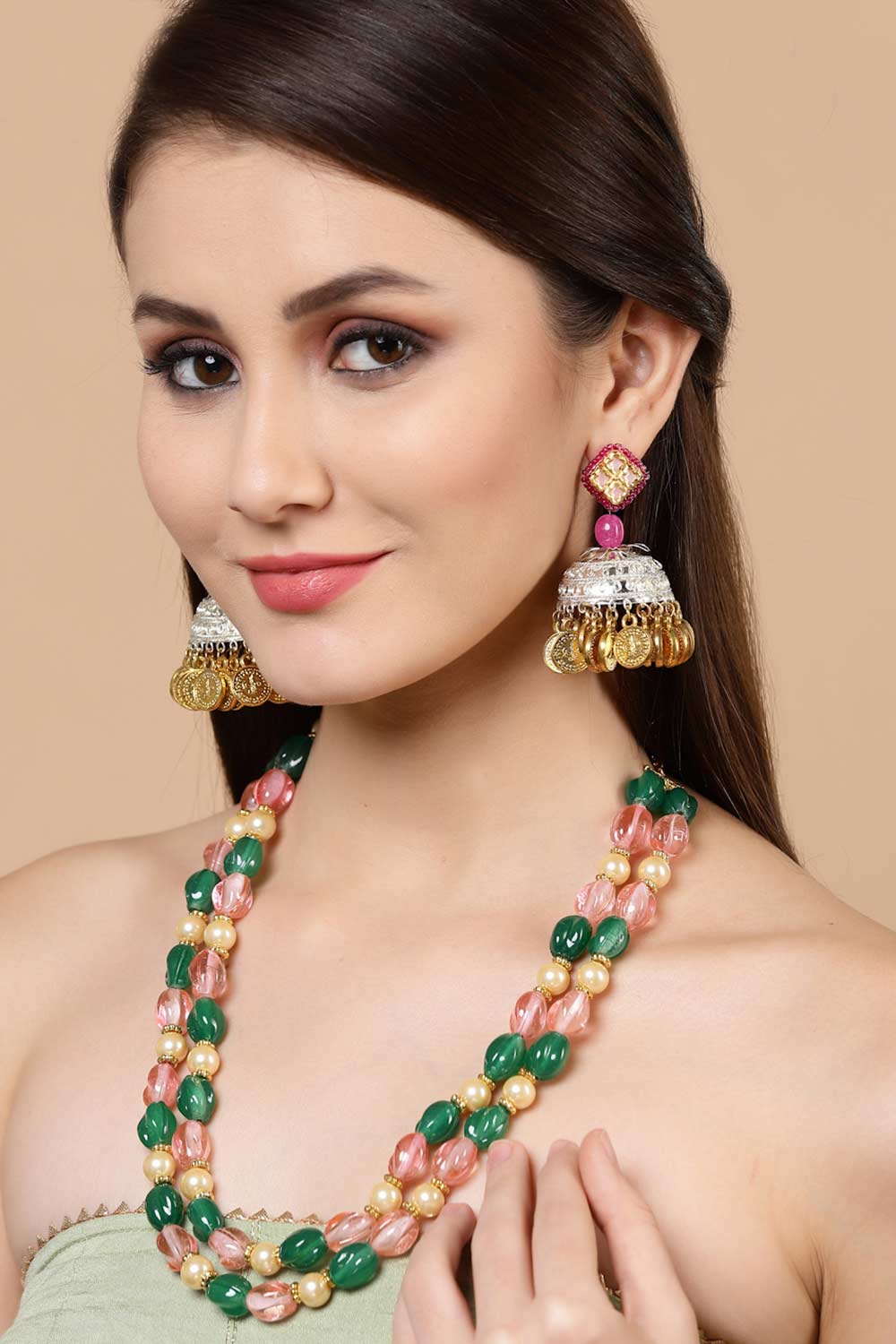 Green And Pink Gold-Plated Pearls And Natural Stones Bead Necklaces