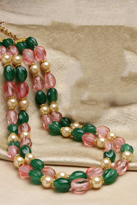 Green And Pink Gold-Plated Pearls And Natural Stones Bead Necklaces