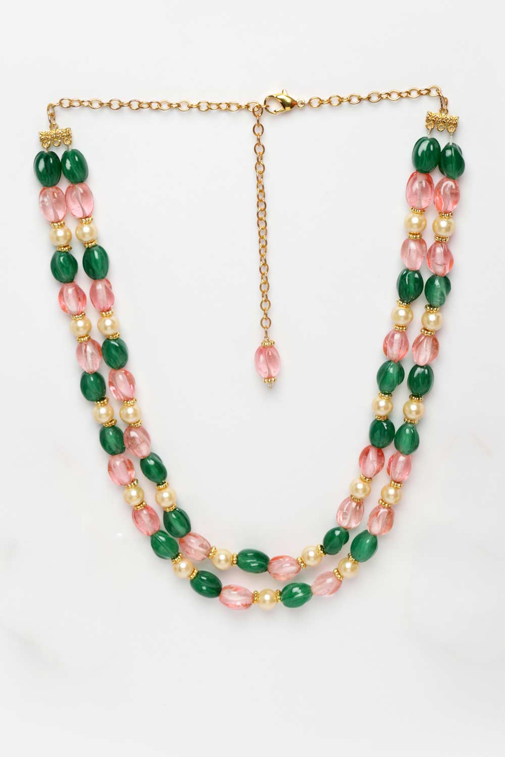 Green And Pink Gold-Plated Pearls And Natural Stones Bead Necklaces