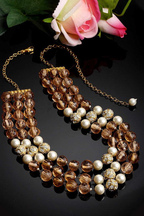 Brown And White Gold-Plated American Diamonds And Pearls Bead Necklaces