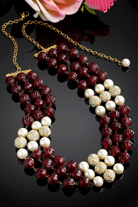 Maroon And Gold Gold-Plated American Diamonds And Pearls Bead Necklaces
