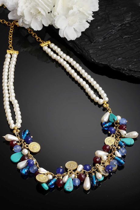Blue And Maroon Gold-Plated Pearls And Natural Stones Bead Necklaces