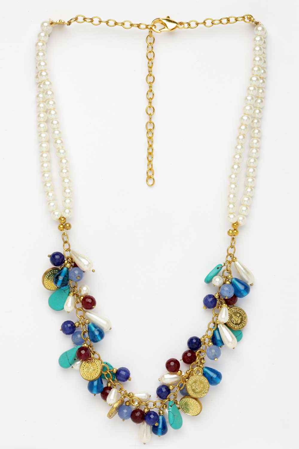 Blue And Maroon Gold-Plated Pearls And Natural Stones Bead Necklaces