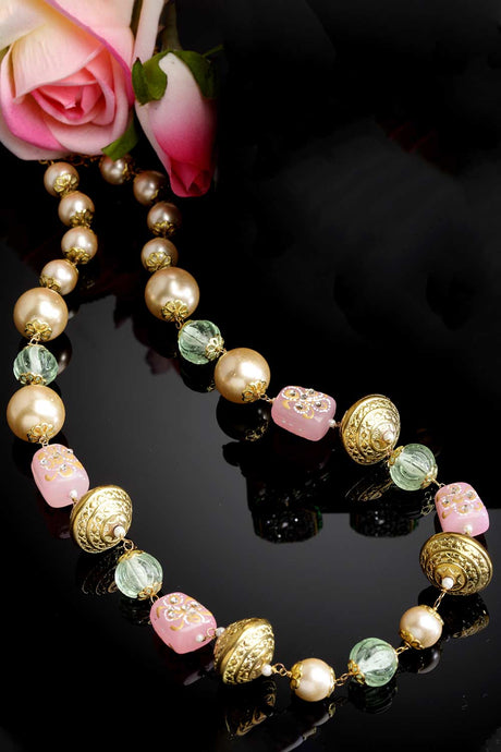 Green And Pink Gold-Plated American Diamonds And Pearls Bead Necklaces
