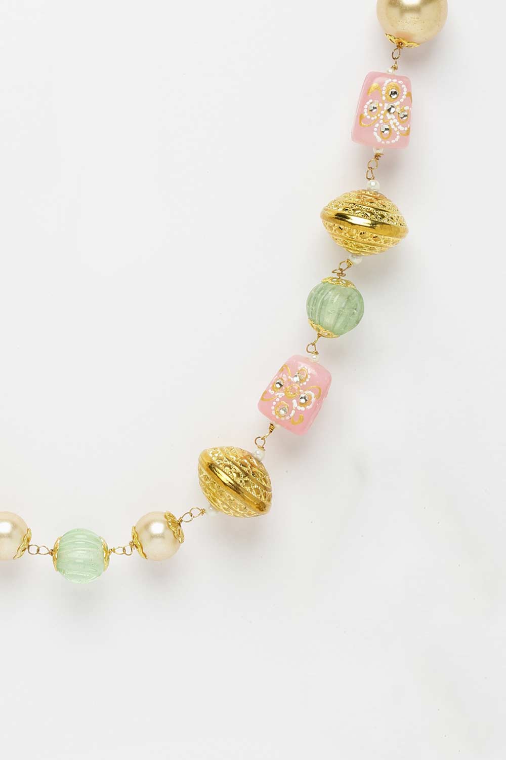 Green And Pink Gold-Plated American Diamonds And Pearls Bead Necklaces