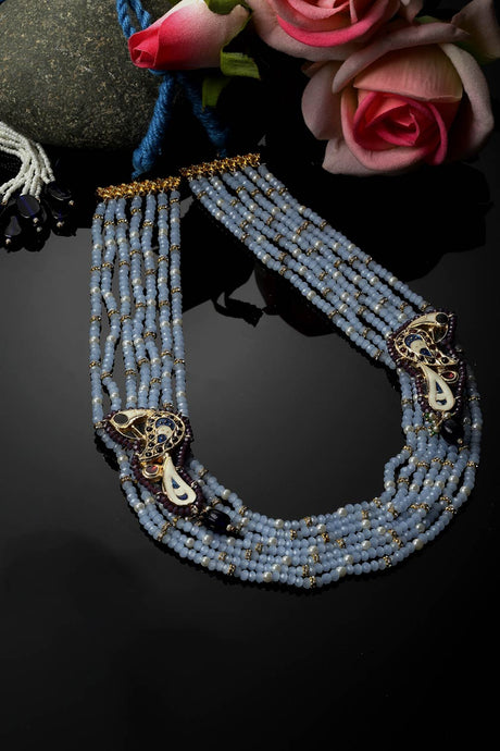 Blue And Maroon Layered Necklace With Kundan And Pearls