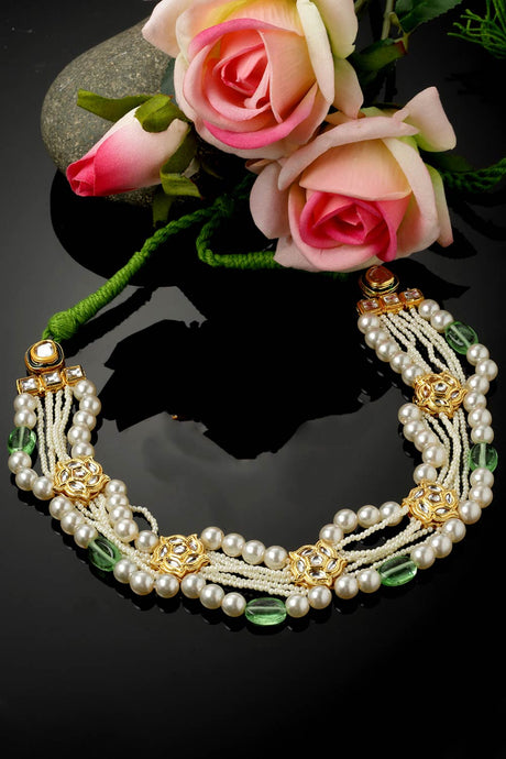 Green And Cream Layered Necklace With Kundan And Pearls
