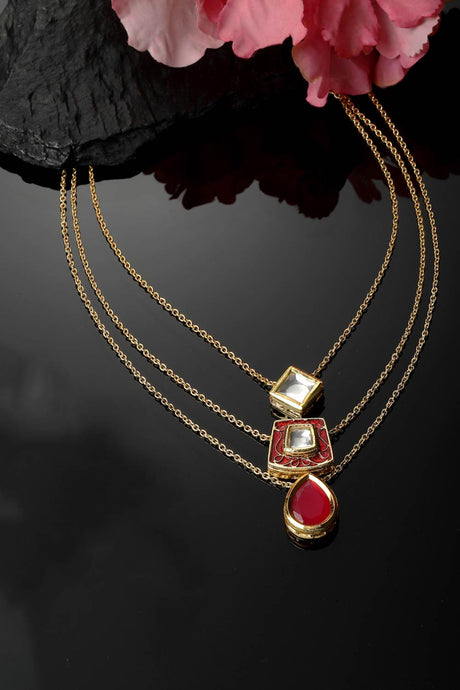 Red And Gold Layered Necklace With Kundan And Natural Stones