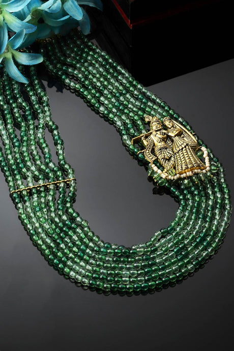 Green And Gold Layered Necklace With Kundan And Pearls