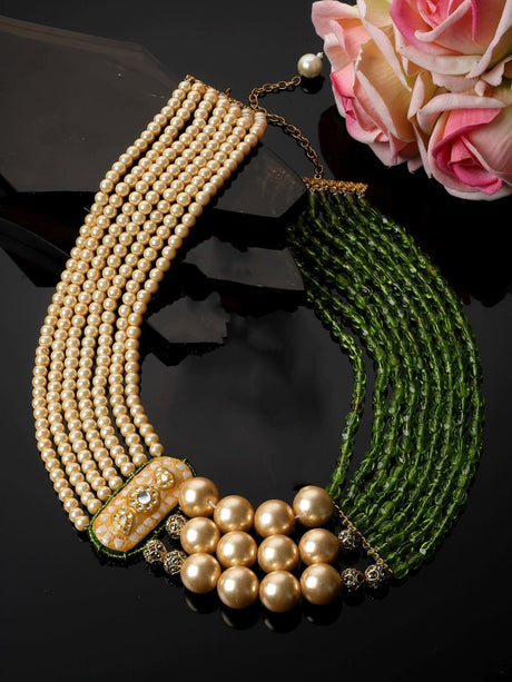 Green And Peach Layered Necklace With Kundan And American Diamonds