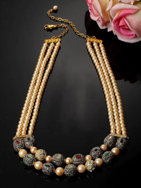 Green And Pink Layered Necklace With Kundan And American Diamonds