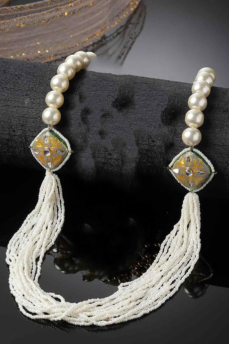 Grey And Cream Layered Necklace With Kundan And Pearls