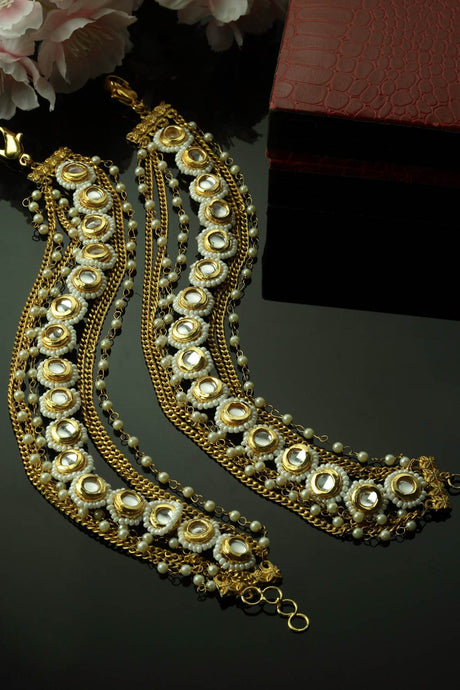 Gold And White Adjustable Anklet With Kundan And Pearls