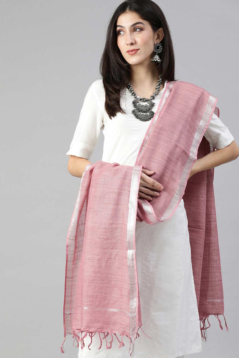 Pink Silk Blend Bhagalpuri Handloom Causal Dupatta