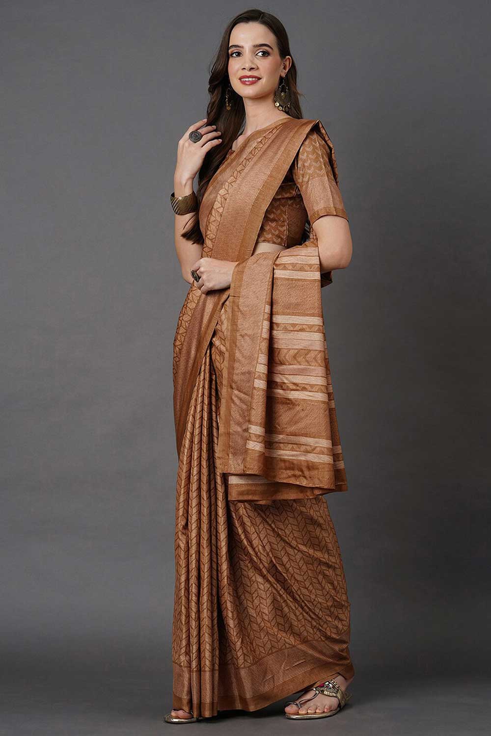 Mustard Dola Silk Geometric Block Print Saree