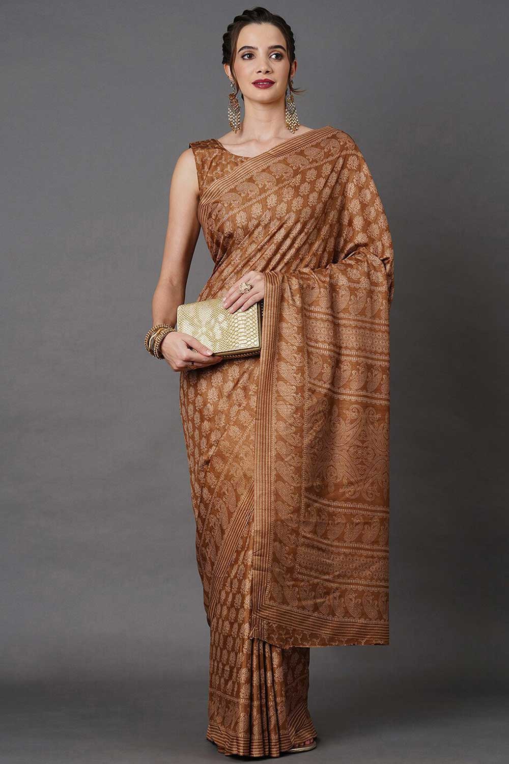 Mustard Dola Silk Floral Block Print Saree