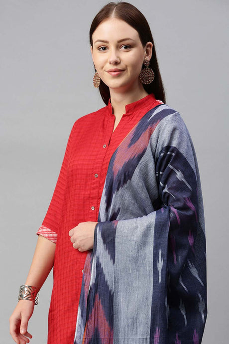 Buy Pure Cotton Ikat Printed Dupatta in Navy Blue Online