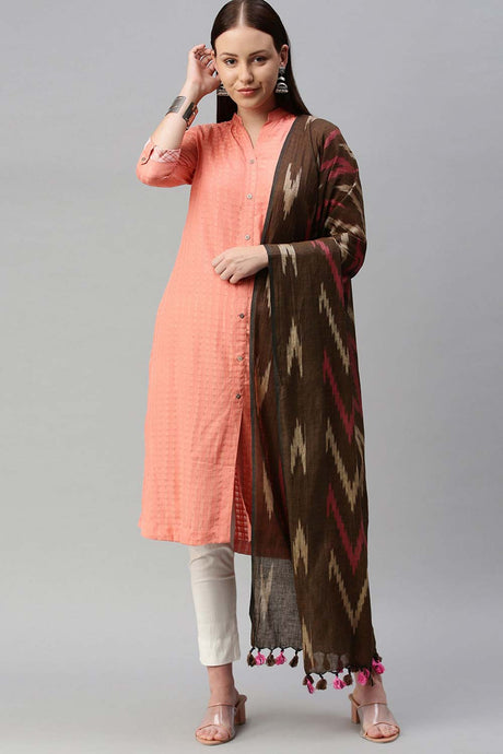 Buy Pure Cotton Ikat Printed Dupatta in Brown Online - Back