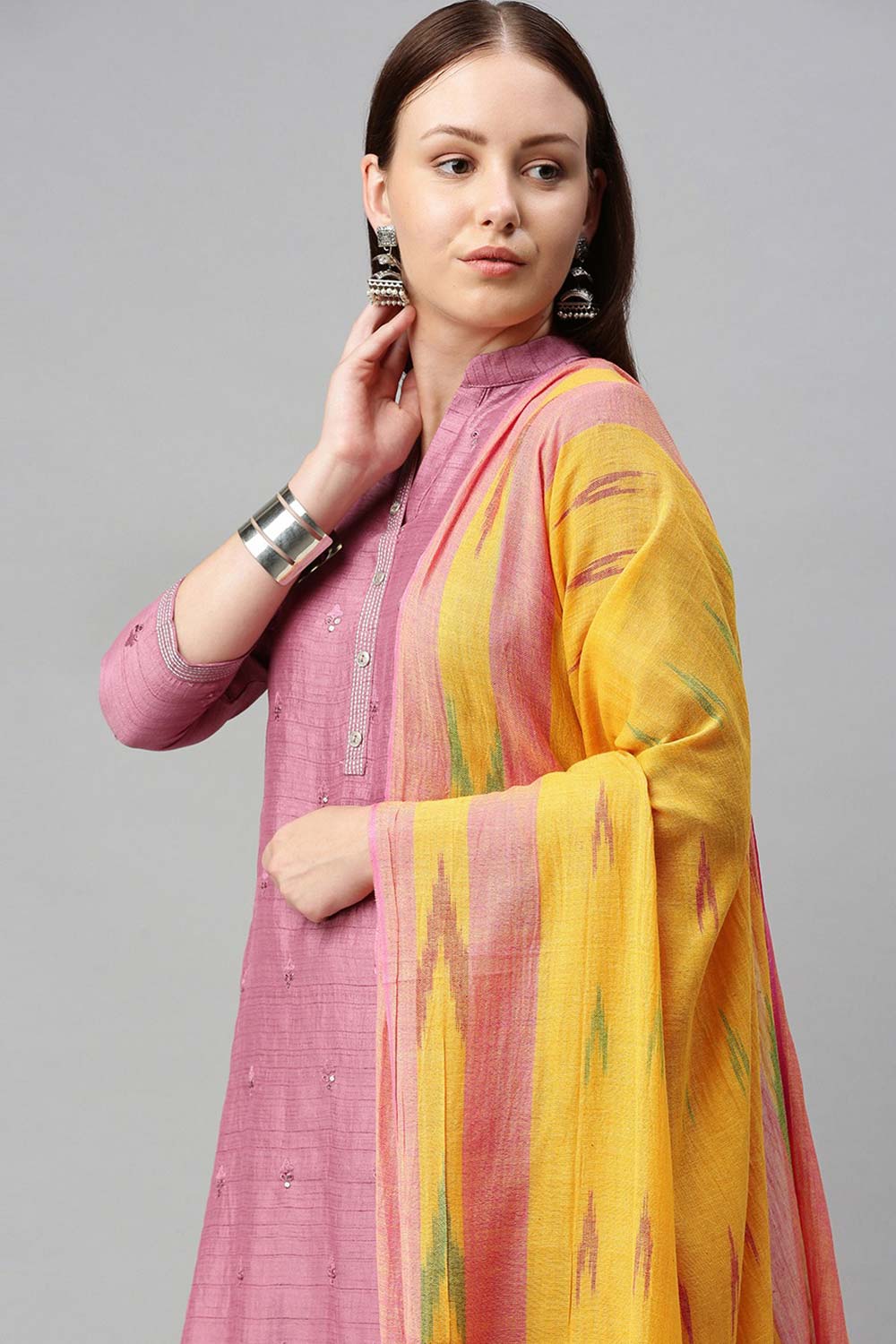 Buy Pure Cotton Ikat Printed Dupatta in Yellow Online