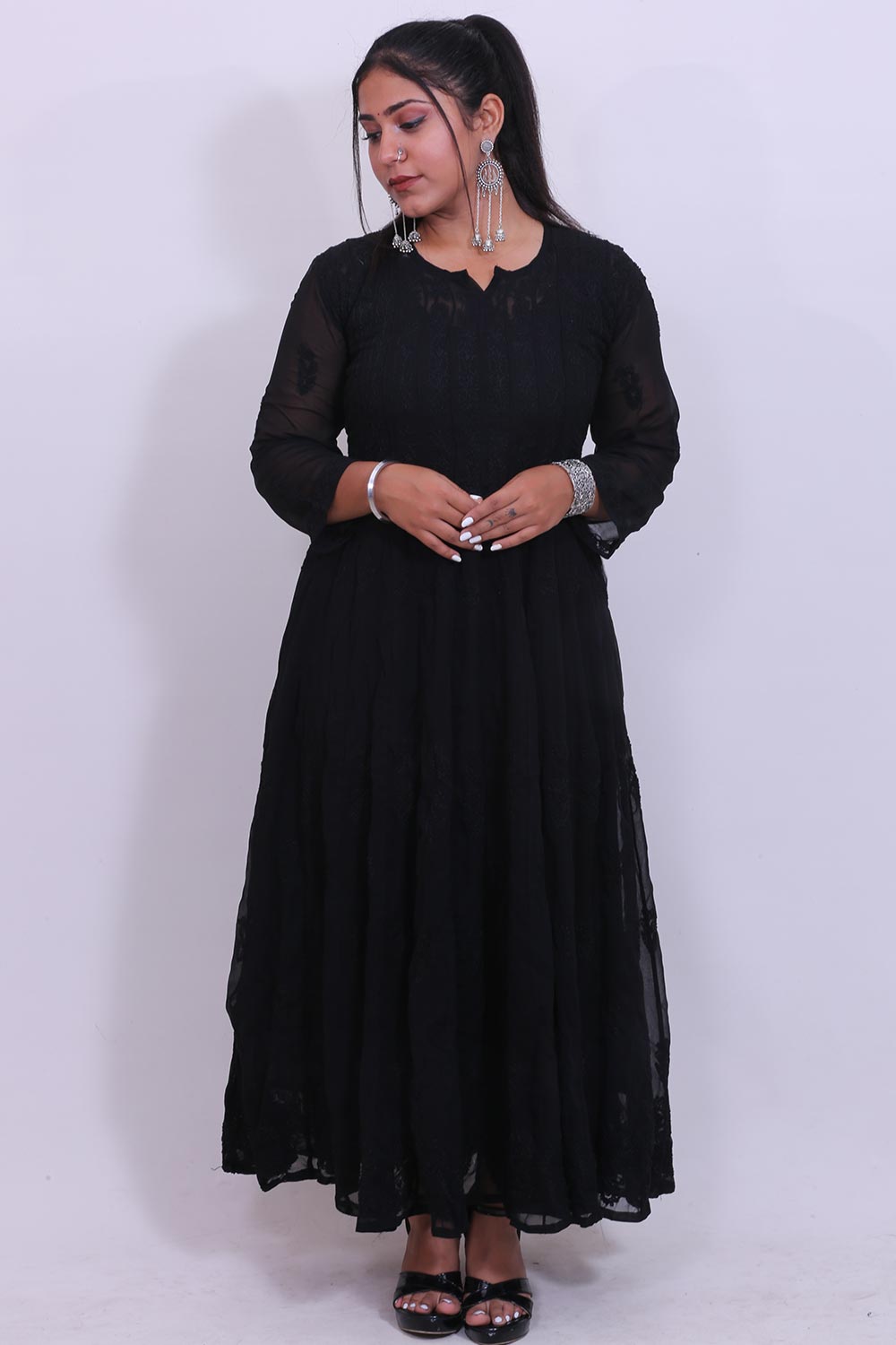 Chikankari Dreamy Anarkali In Black