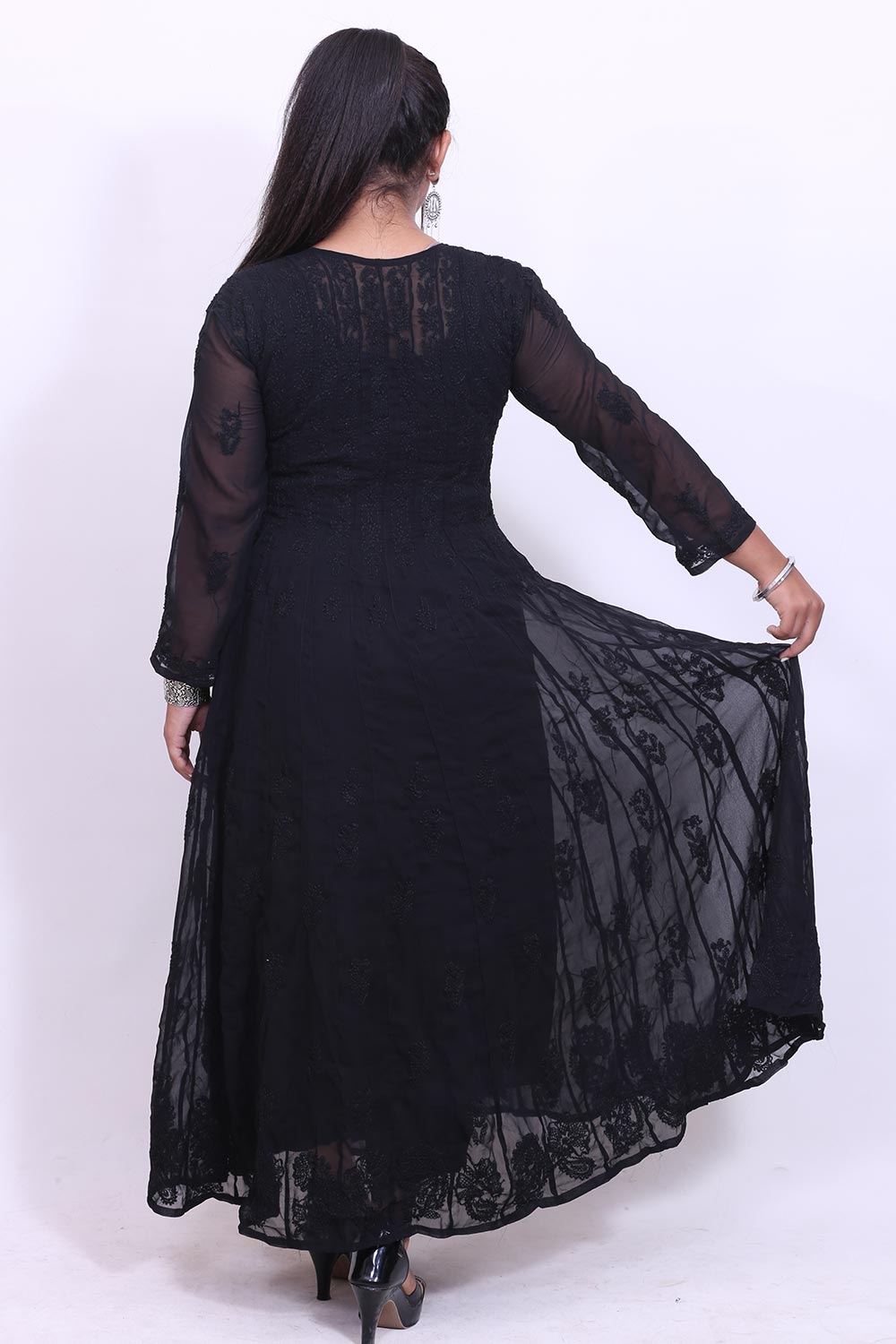 Chikankari Dreamy Anarkali In Black