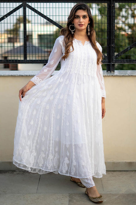 Buy Georgette Embroidered Anarkali Kurta Top in White  Online - Front