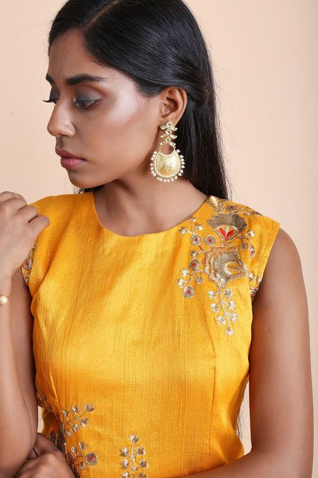 Satin Art Silk Embroidered Top Set in Yellow