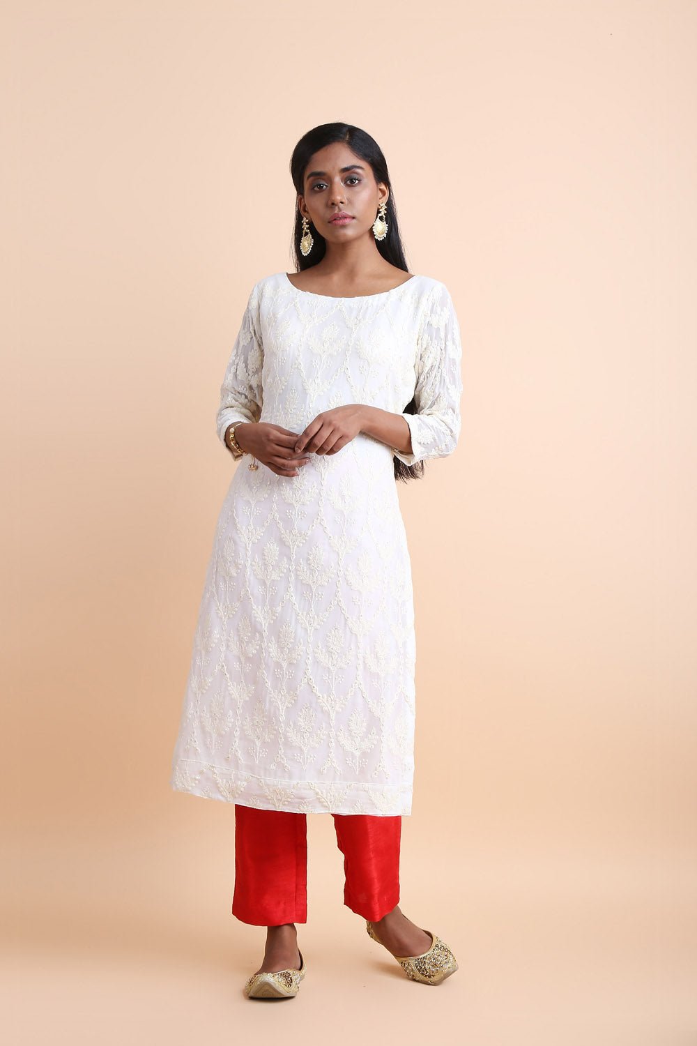 Georgette Embroidered Kurta Top In White