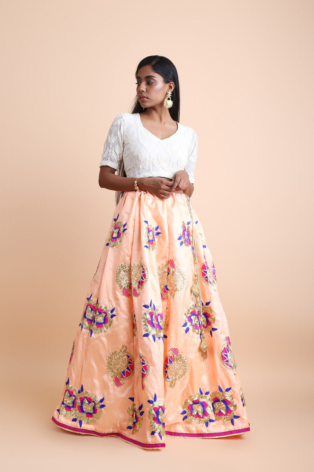 Satin Art Silk Embroidered Skirt In Peach