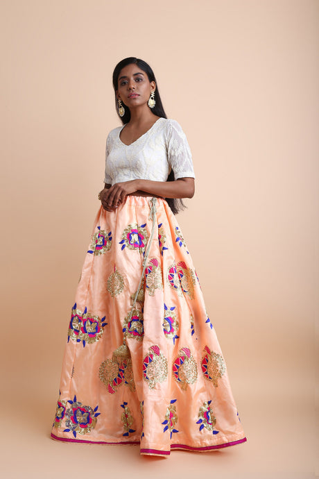 Satin Art Silk Embroidered Skirt in Peach