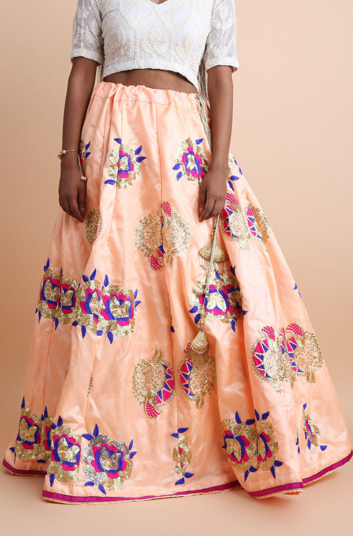 Satin Art Silk Embroidered Skirt In Peach