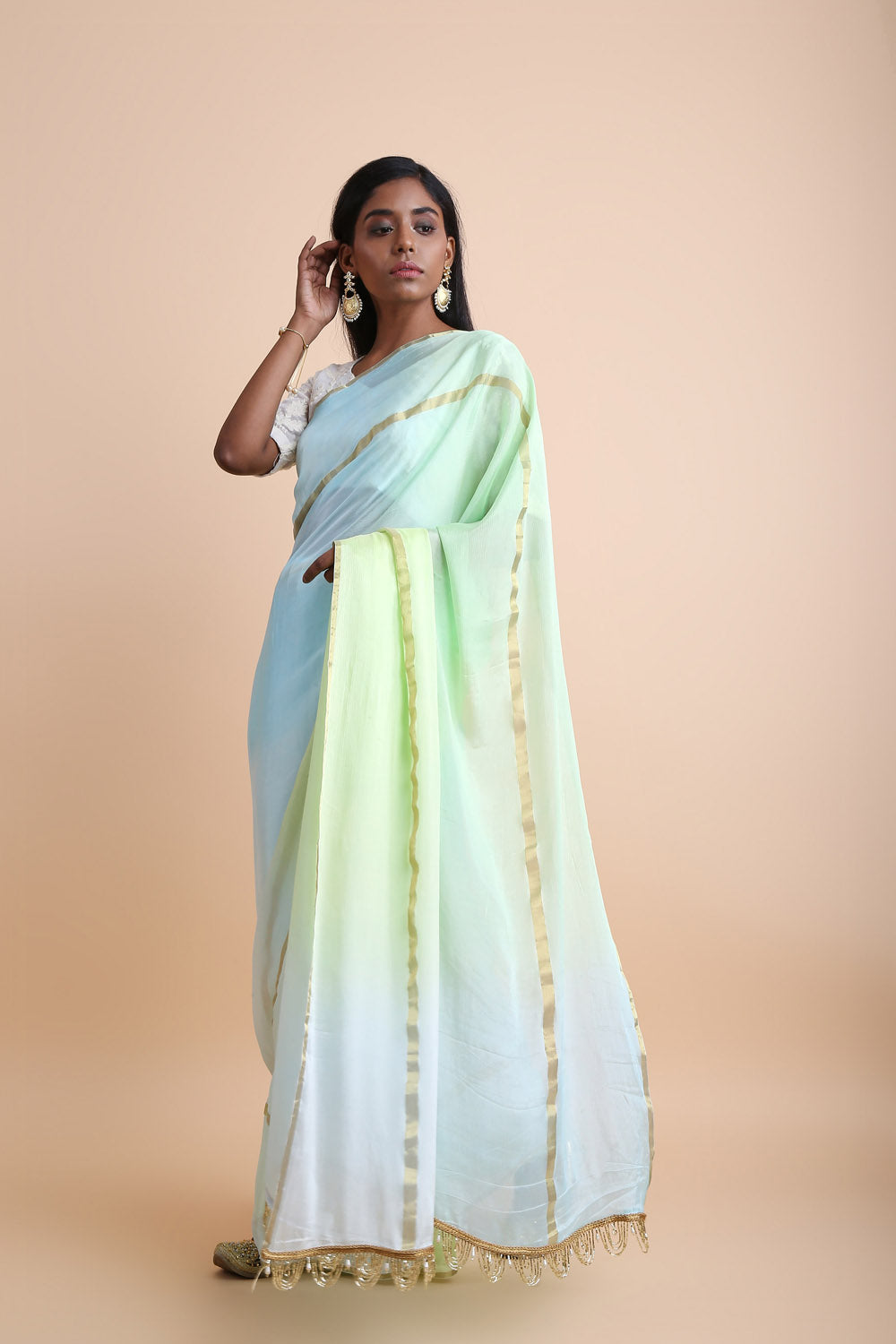 Faux Georgette Lace Saree In Blue And Green