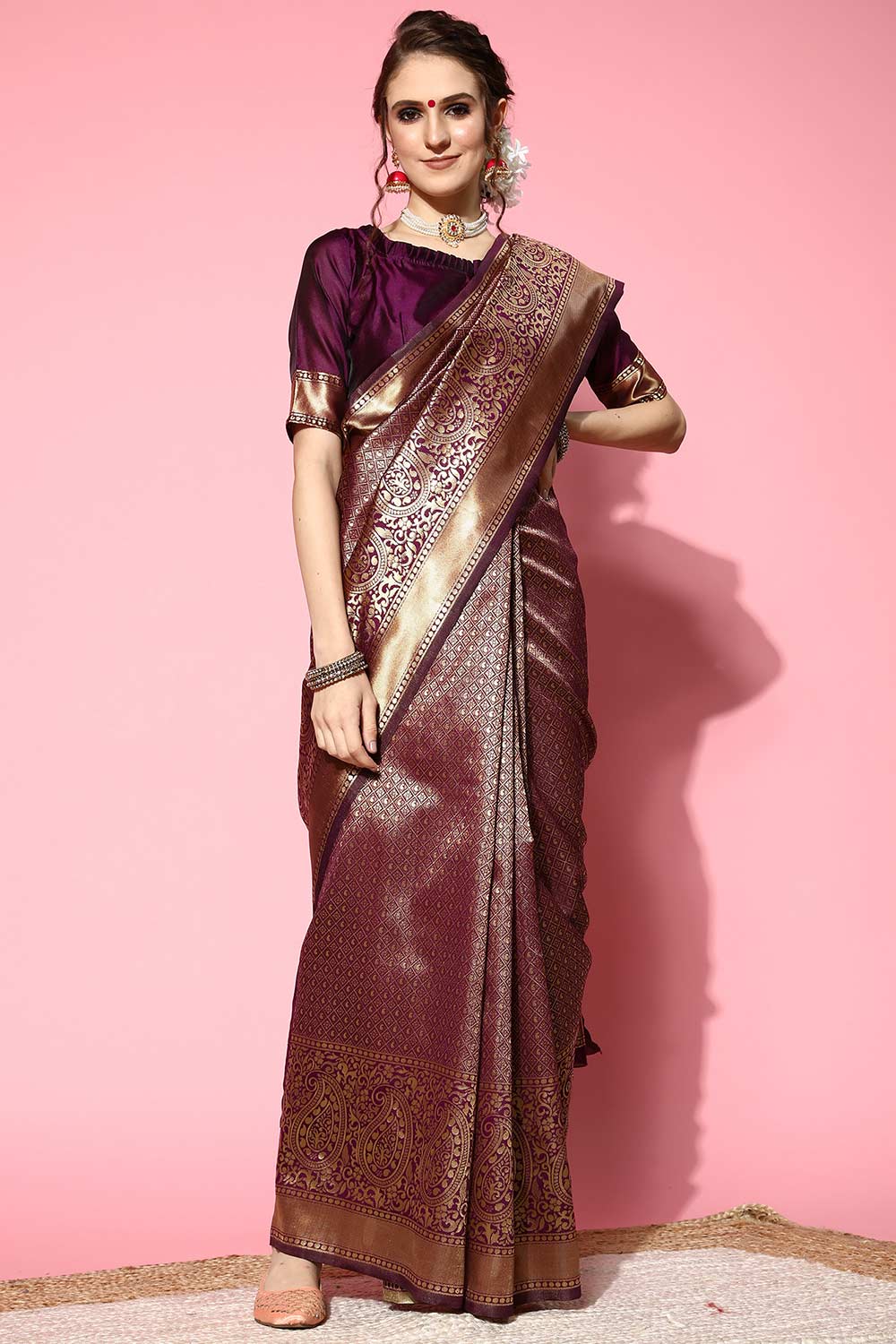 Purple Silk Blend Ethnic Motif Woven Design Banarasi Saree