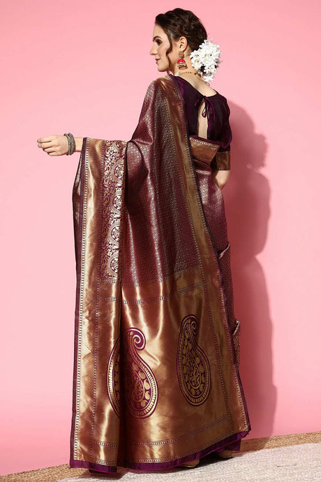 Purple Silk Blend Ethnic Motif Woven Design Banarasi Saree