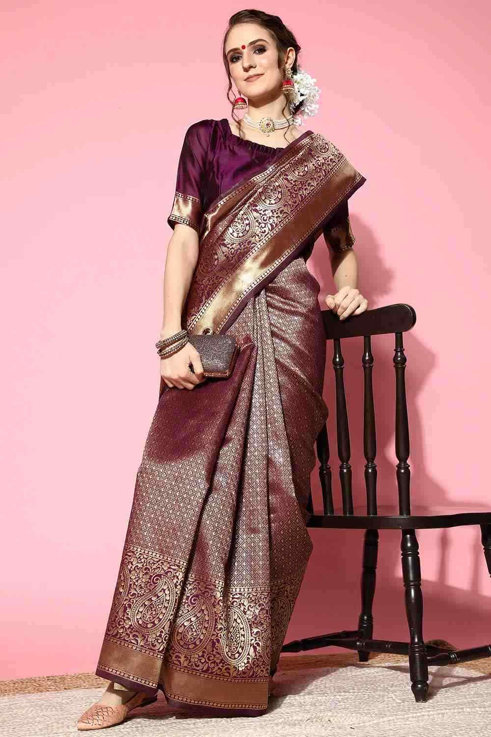 Purple Silk Blend Ethnic Motif Woven Design Banarasi Saree