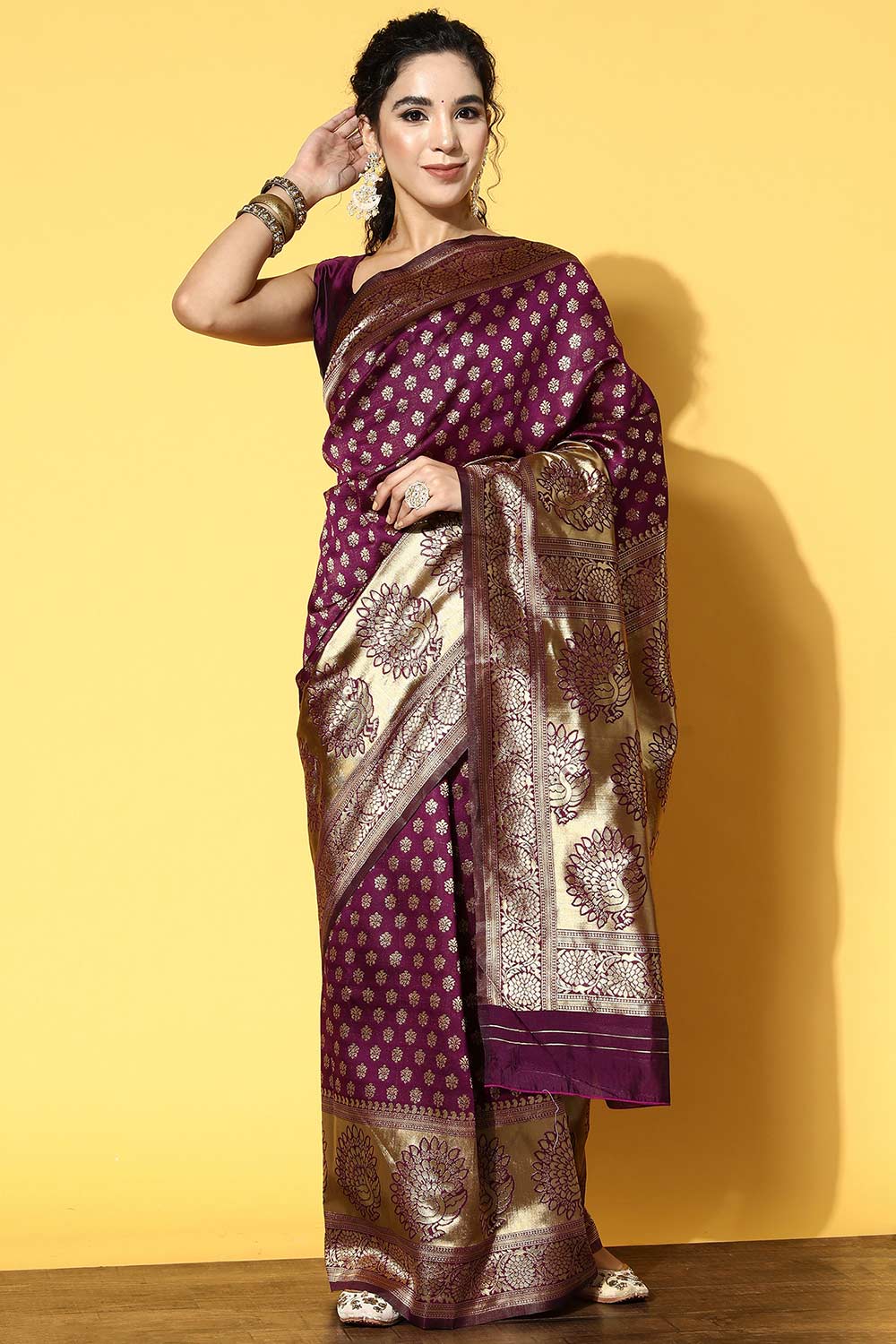 Purple Silk Blend Ethnic Motif Woven Design Banarasi Saree