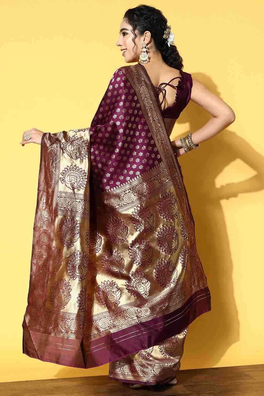 Purple Silk Blend Ethnic Motif Woven Design Banarasi Saree