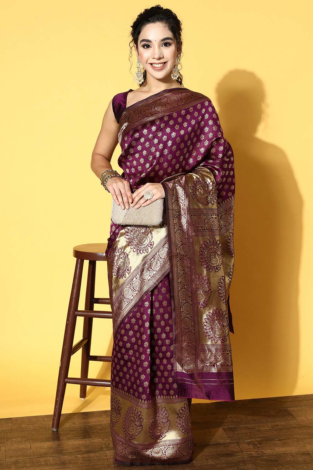 Purple Silk Blend Ethnic Motif Woven Design Banarasi Saree