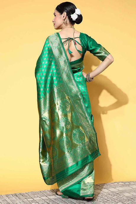 Silk Blend Green Woven Design Designer Saree With Blouse