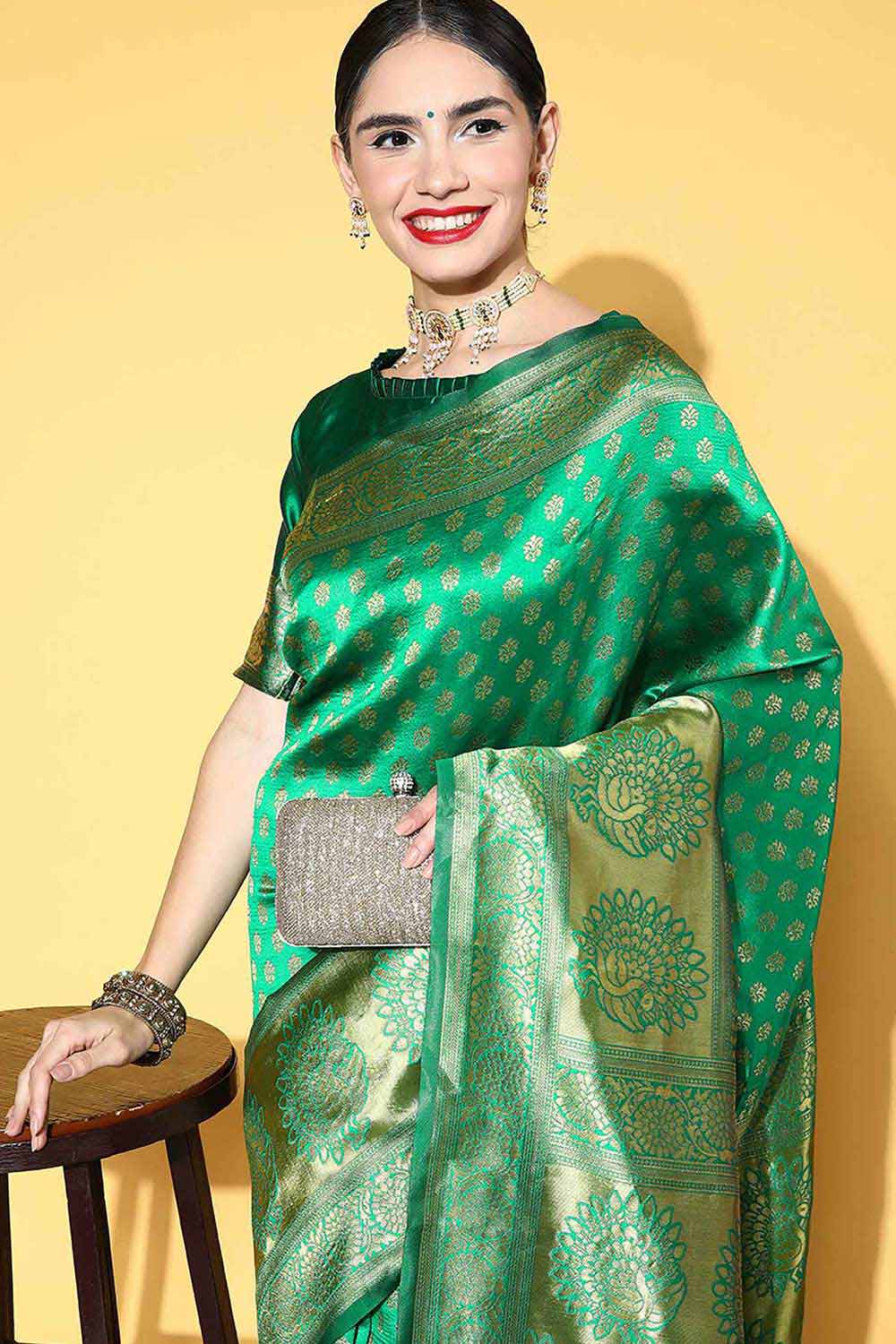 Silk Blend Green Woven Design Designer Saree With Blouse