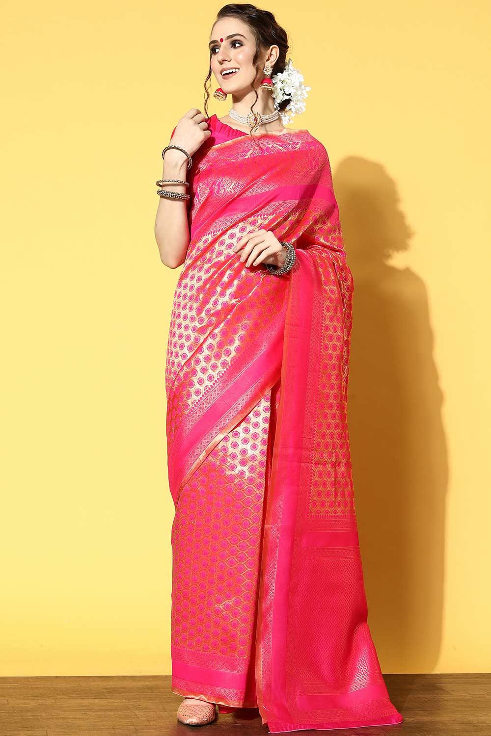 Pink Silk Blend Ethnic Motif Woven Design Banarasi Saree