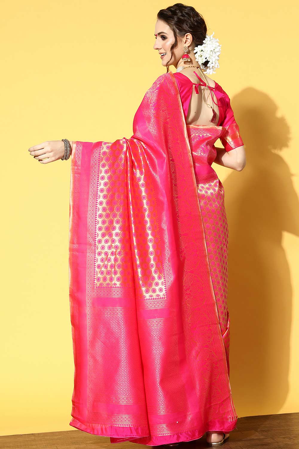 Pink Silk Blend Ethnic Motif Woven Design Banarasi Saree