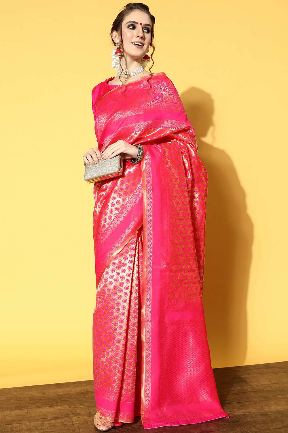 Pink Silk Blend Ethnic Motif Woven Design Banarasi Saree